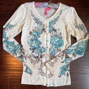 Unique Anthropologie sheer lace knit floral cardigan size L.